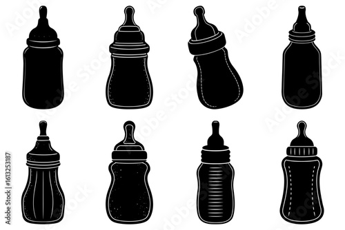 Illustration of eight baby bottles in black silhouette with different shapes and nipple designs shown