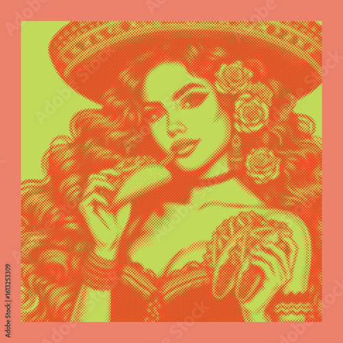 Beautiful Mexican Woman with Tacos - Red Halftone Digital Art Canvas Template