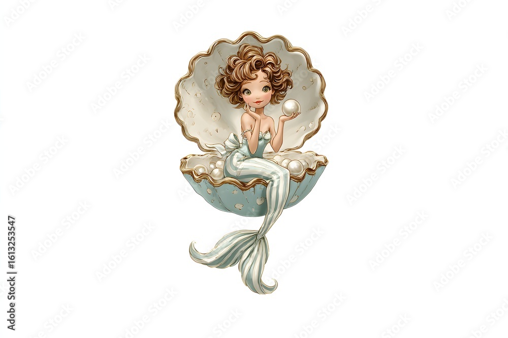 Obraz premium Cute Mermaid Girl Sitting in Seashell Holding Pearl in Underwater Scene