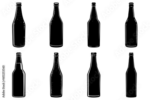 Illustration of eight black and white wine bottles arranged in two rows on a white background design element