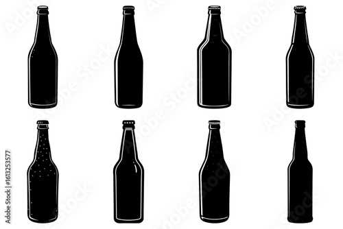 Illustration showing eight black and white beer bottles in a grid pattern against a white background