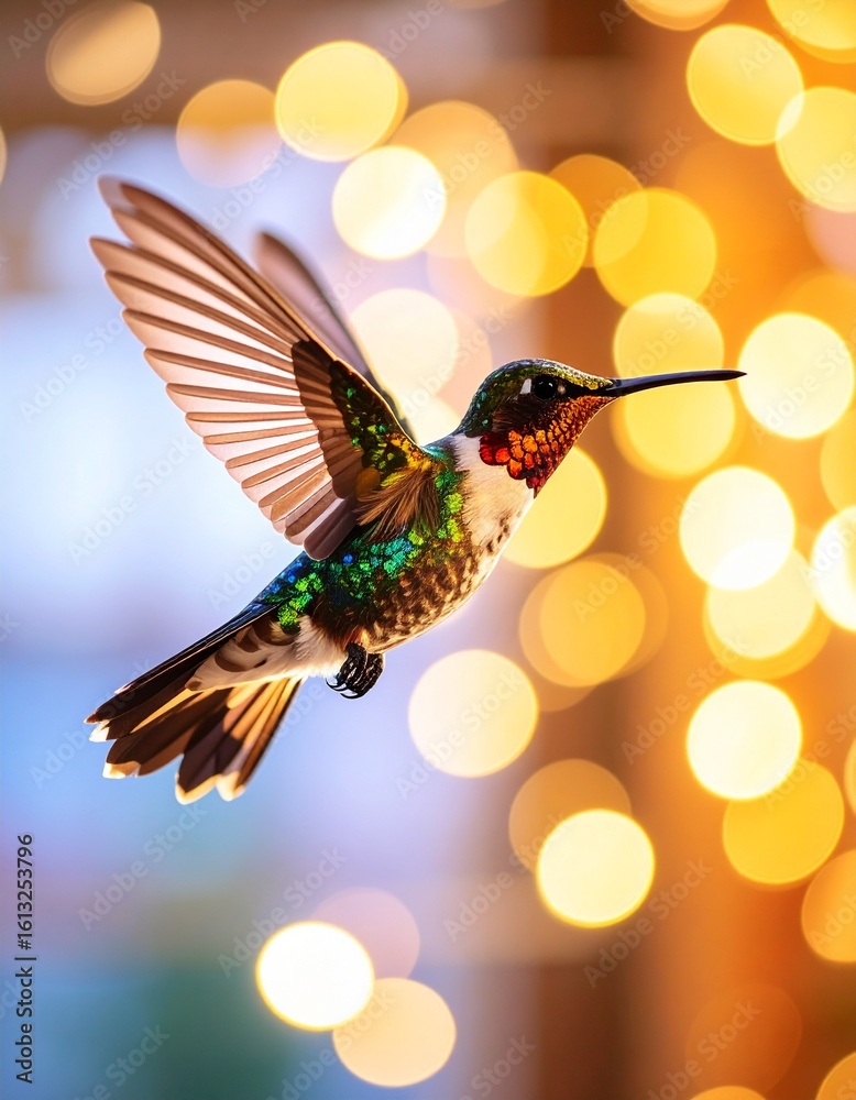 Fototapeta premium Generated image Multicolored Stained Glass Hummingbird in Flight Against a Bokeh Background