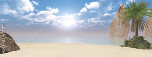 Beautiful beach with palm trees at sunset, panorama of a tropical landscape, sea sunset,
3d rendering
