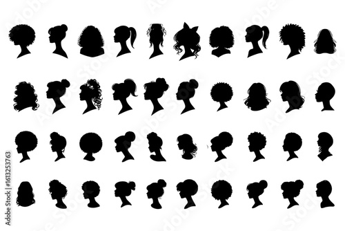 cameo silhouette collection showcasing diverse hairstyles. Perfect for beauty, fashion, diversity themes. Black profiles against a white background. Anonymous, unique headshots.