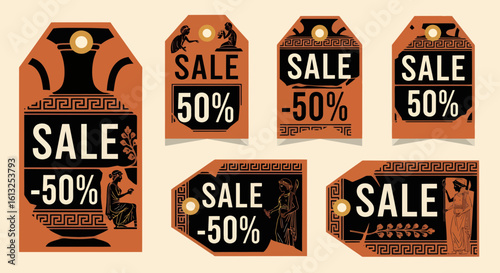 Ancient Greek inspired sale tags featuring amphora and figures, announcing 50% discounts with a classic silhouette design for premium retail promotions