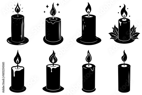 Collection of eight black and white candles with varying designs and flame shapes on a white background