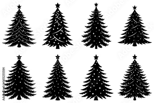 Collection of christmas trees with star toppers and decorative elements in black silhouette on white background