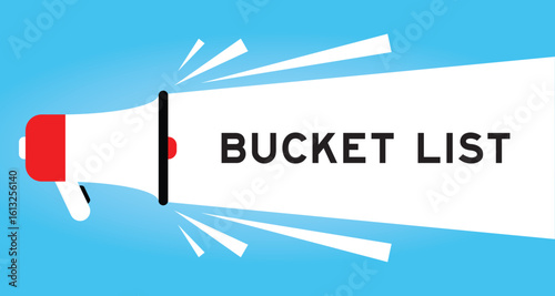 Color megaphone icon with word bucket list in white banner on blue background