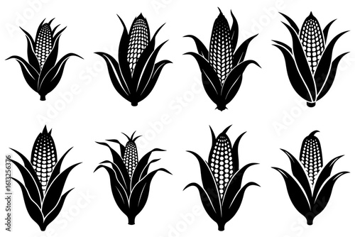 A collection of eight stylized black and white corn cobs with husks in varying sizes and shapes