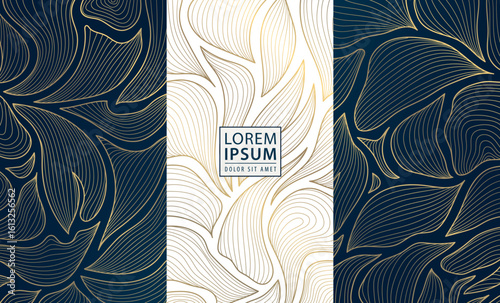 Vector set of flower gold pattern labels, vintage border design, petals abstract texture. Fancy art deco wine design label, wedding cards wallpaper, spa, royal ornament.