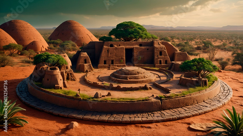 Mini 3D diorama of ancient Africa with stone walls, mud houses, and baobabs on a round base. Earth tones and subtle magical particles.