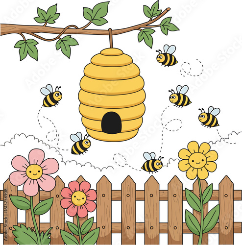 Cute cartoon bees flying around a beehive hanging from a tree branch above a picket fence and flowers