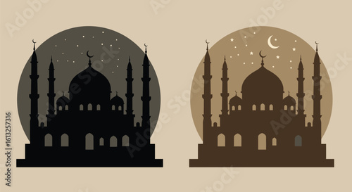 Mosque Illustration with Crescent Moon in Two Styles