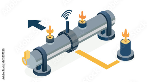 Isometric illustration of a pipeline with valves and a sensor transmitting data wirelessly