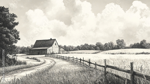 Wallpaper Mural Hand drawn vintage vector engraving depicting a rural landscape featuring fields of wheat an old barn a house trees plants fences and other countryside elements in a panoramic view Torontodigital.ca
