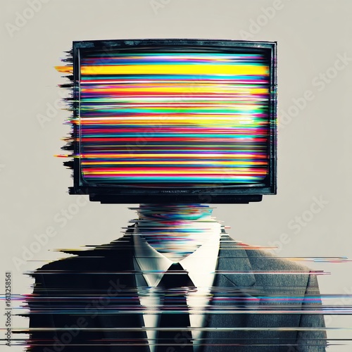 A person in a suit with a retro TV for a head, displaying colorful static and glitch effects, symbolizing digital distortion or media overload.