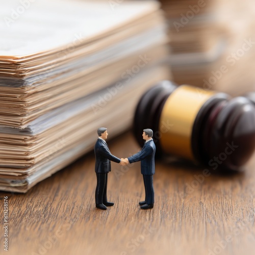 Two miniature figures in suits shake hands in front of stacked files and a judge's gavel, symbolizing legal agreement or contract resolution.