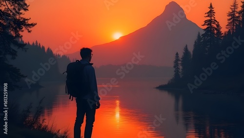 A lone black silhouette stands before a majestic natural scene under warm sunset light. Peaceful, cinematic, and full of depth. AI-Generated!

