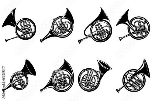 Illustration showing a set of eight french horns in a simple black and white graphic design style image