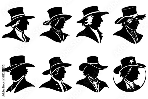 Silhouettes of men in hats and period clothing in a variety of styles and arrangements in black and white
