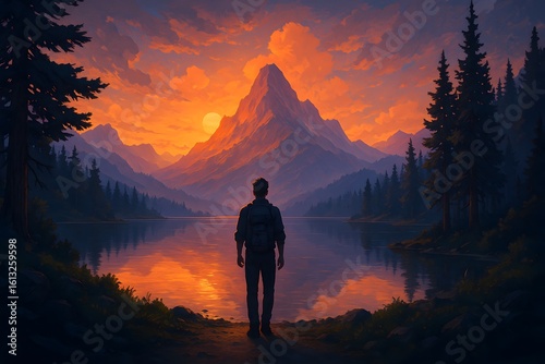 A lone black silhouette stands before a majestic natural scene under warm sunset light. Peaceful, cinematic, and full of depth. AI-Generated!

