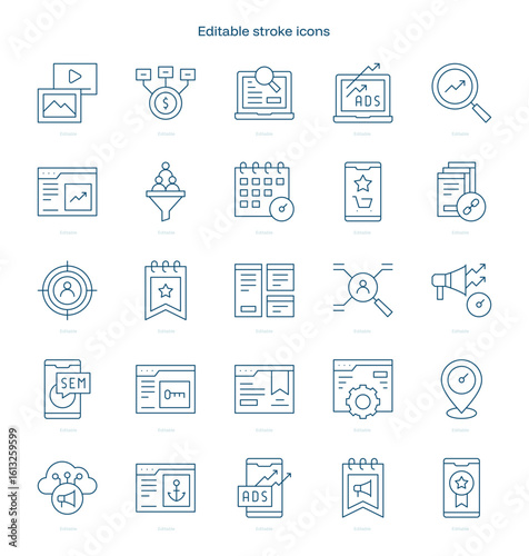SEO and SEM stroke icon. SEO and SEM line icon set. editable stroke icon pack