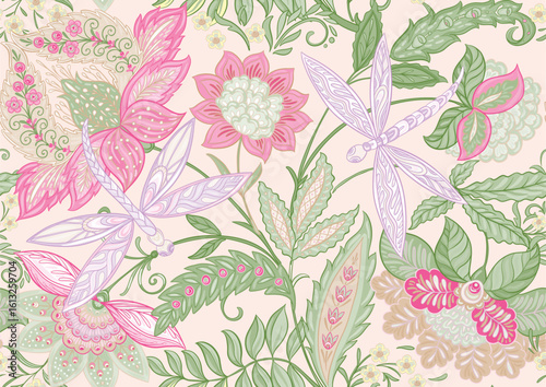 Fantasy flowers and dragonflies in retro, vintage, jacobean embroidery style. Seamless pattern, background. Vector illustration.