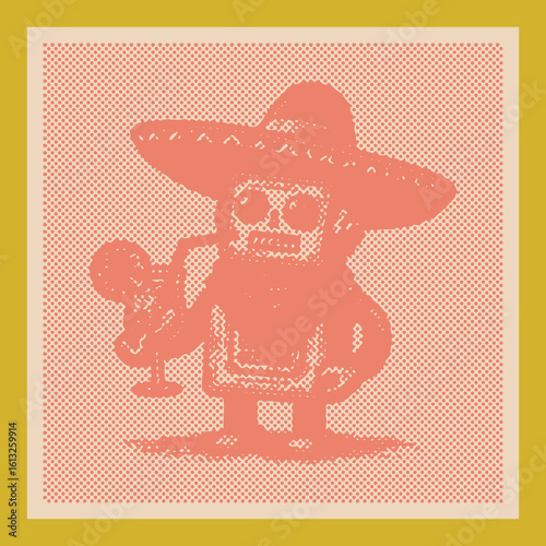 Robot Cocktail Party: Sombrero Hat, Pink Halftone Fun Droid Drink Art