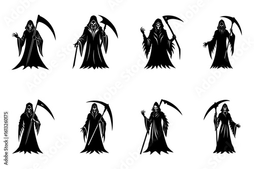Collection of eight grim reaper figures in black robes holding scythes in various poses and orientations