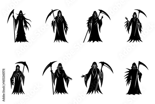 Collection of eight grim reaper figures in black robes holding scythes on a white background artfully arranged