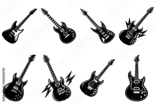 Collection of eight black and white electric guitars in various styles and angles on a white background