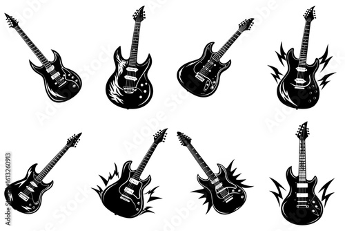 Collection of eight electric guitars in black and white with various designs and orientations shown