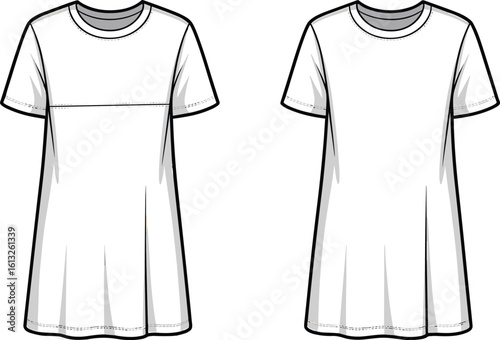 Short sleeve t-shirt dress technical flat drawing front and back view, yoke seam detail, loose fit silhouette, vector sketch design
