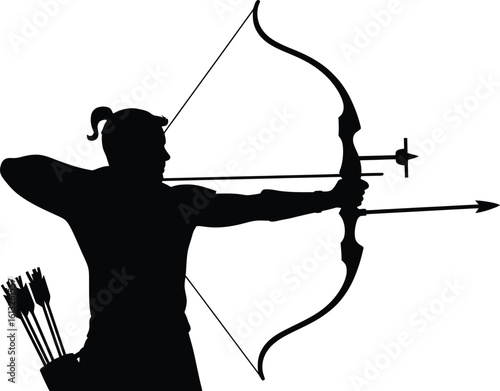 Archer aiming with bow and arrow in a dynamic silhouette against a white background