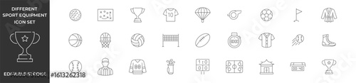 Sports equipment outline icon set. Sport and Fitness web icons in line style. Editable stroke. Vector illustration