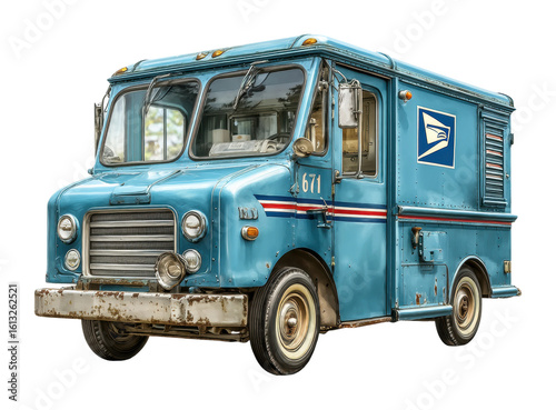Vintage postal delivery truck urban street vehicle daytime view isolated on transparent background, png