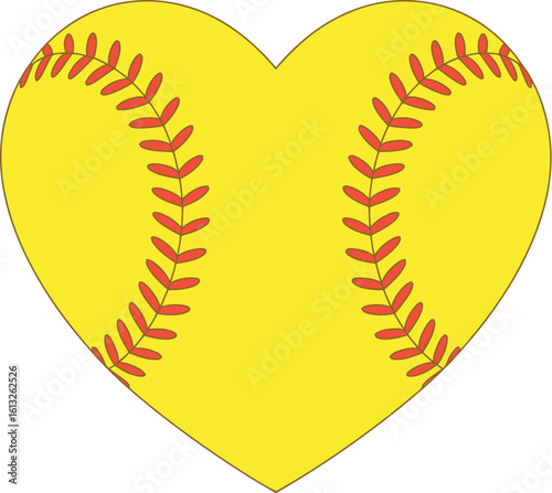 A yellow softball shaped like a heart with red stitching on a white background illustration