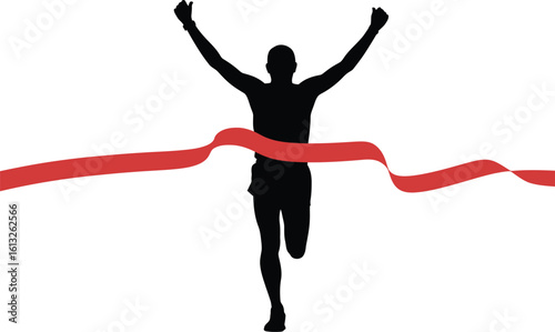 Athletic runner celebrating victory crossing the finish line with arms raised in triumph silhouette