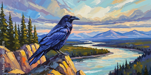 Painting of a raven overlook at dusk above serene river valley, painterly landscape bird perched mountain.