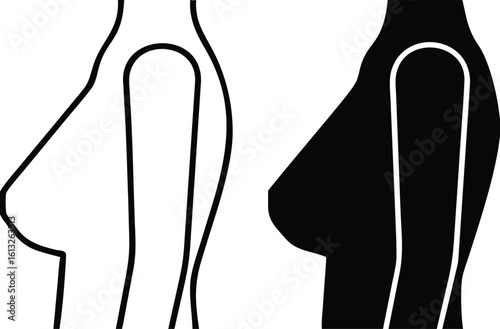 Breast Icons. Black and White Vector Illustration. Female Mammary Glands, Torso, and Arm. Human Body Part, Medical. Anatomy Concept
