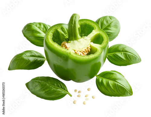 Close up view of a sliced green bell pepper with seeds and fresh basil leaves on a black background