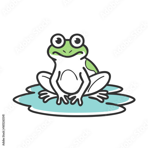 Cartoon frog sitting on a lily pad on a white background 