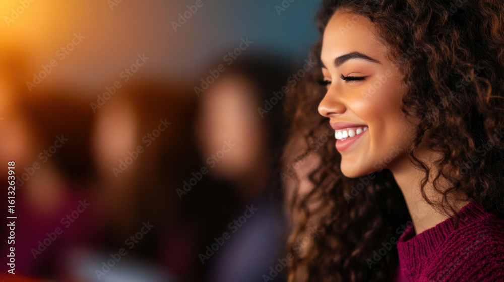 Fototapeta premium Smiling young woman enjoying a moment during an event in a cozy setting