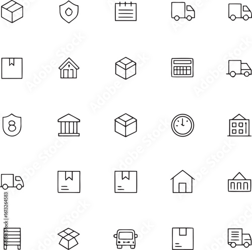 A grid of 25 minimalist line art icons representing various concepts and activities presented in a clean modern and easily understandable silhouette style