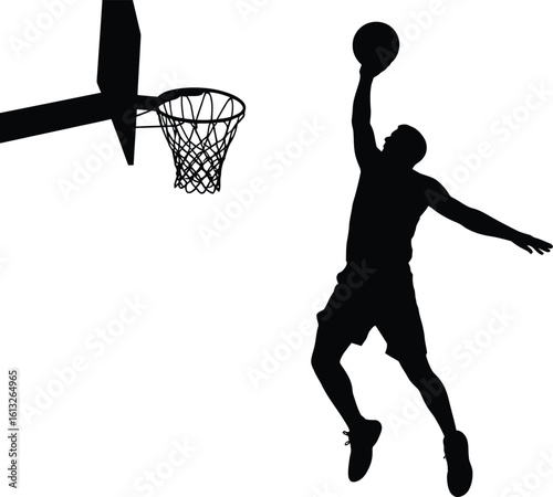 Dynamic basketball player in mid air performing a slam dunk against a white background silhouette