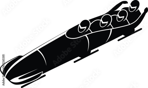 Dynamic four person bobsled team racing down icy track in a striking black silhouette