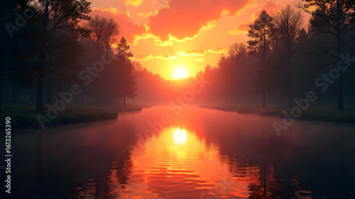 Fiery reflection of sunset on calm river through forest