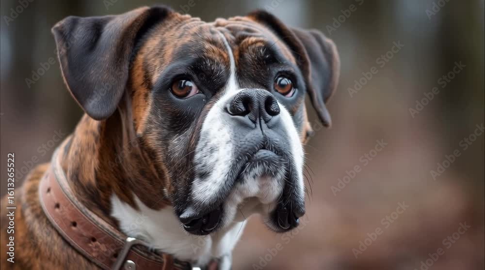 Boxer dog face closeup with sad expressive eyes and collar in outdoor park showing emotional loyal pet behavior Boxer dog face closeup with sad expressive eyes and collar in outdoor park showing emotional loyal pet behavior