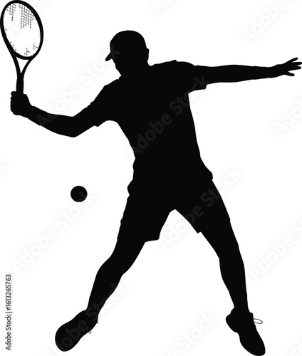 Dynamic male tennis player in action hitting a forehand shot with a racket and ball silhouette