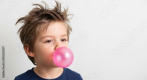 Young caucasian male child blowing pink bubblegum against white background
